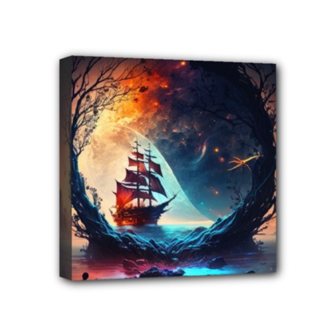 Tree Planet Moon Mini Canvas 4  X 4  (stretched) by Ndabl3x