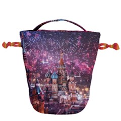 Moscow Kremlin Saint Basils Cathedral Architecture  Building Cityscape Night Fireworks Drawstring Bucket Bag by Cowasu
