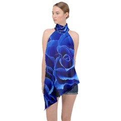 Blue Roses Flowers Plant Romance Blossom Bloom Nature Flora Petals Halter Asymmetric Satin Top by Cowasu