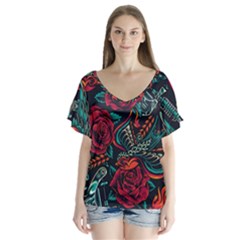 Vintage Flash Tattoos Designs Seamless Pattern V-neck Flutter Sleeve Top by Amaryn4rt