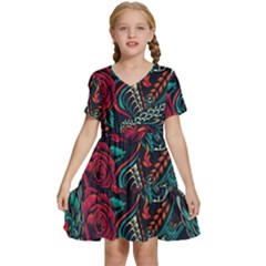 Vintage Flash Tattoos Designs Seamless Pattern Kids  Short Sleeve Tiered Mini Dress by Amaryn4rt