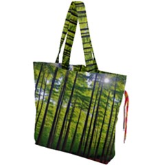 Green Forest Jungle Trees Nature Sunny Drawstring Tote Bag by Ravend