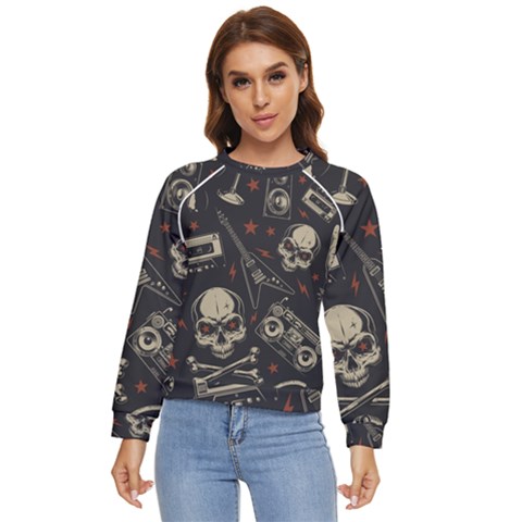 Grunge Seamless Pattern With Skulls Women s Long Sleeve Raglan Tee by Amaryn4rt