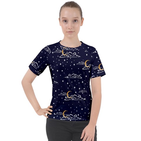 Hand-drawn-scratch-style-night-sky-with-moon-cloud-space-among-stars-seamless-pattern-vector-design- Women s Sport Raglan Tee by uniart180623