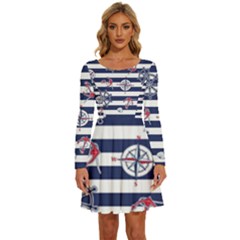 Seamless-marine-pattern Long Sleeve Wide Neck Velvet Dress by uniart180623