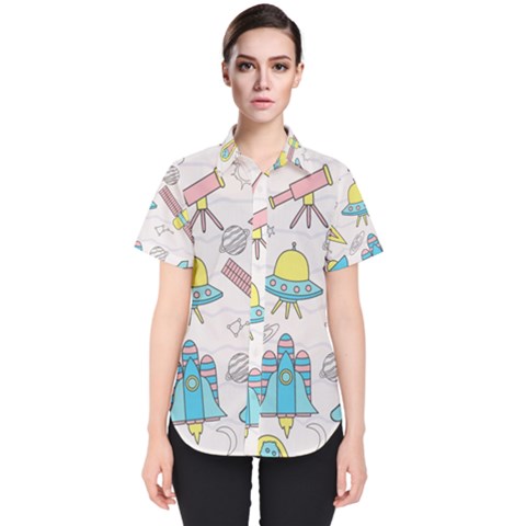 Cute-seamless-pattern-with-space Women s Short Sleeve Shirt by uniart180623