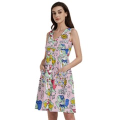 Seamless-pattern-with-many-funny-cute-superhero-dinosaurs-t-rex-mask-cloak-with-comics-style-inscrip Sleeveless Dress With Pocket by uniart180623