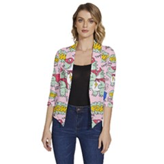 Seamless-pattern-with-many-funny-cute-superhero-dinosaurs-t-rex-mask-cloak-with-comics-style-inscrip Women s Draped Front 3/4 Sleeve Shawl Collar Jacket by uniart180623