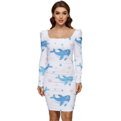 Seamless-pattern-with-cute-sharks-hearts Women Long Sleeve Ruched Stretch Jersey Dress by uniart180623