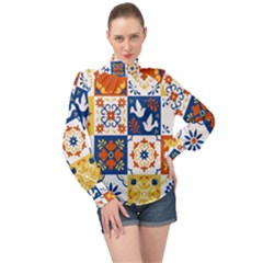 Mexican-talavera-pattern-ceramic-tiles-with-flower-leaves-bird-ornaments-traditional-majolica-style- High Neck Long Sleeve Chiffon Top by uniart180623