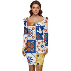 Mexican-talavera-pattern-ceramic-tiles-with-flower-leaves-bird-ornaments-traditional-majolica-style- Women Long Sleeve Ruched Stretch Jersey Dress by uniart180623