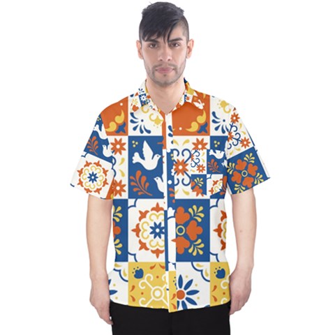 Mexican-talavera-pattern-ceramic-tiles-with-flower-leaves-bird-ornaments-traditional-majolica-style- Men s Hawaii Shirt by uniart180623