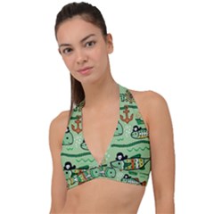 Seamless Pattern Fishes Pirates Cartoon Halter Plunge Bikini Top by uniart180623