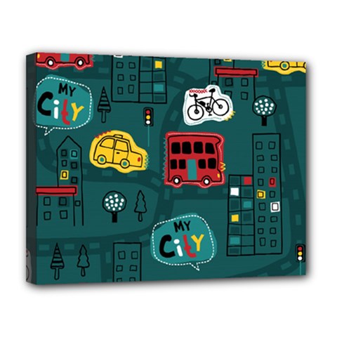 Seamless-pattern-hand-drawn-with-vehicles-buildings-road Canvas 14  X 11  (stretched) by uniart180623