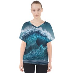 Tsunami Waves Ocean Sea Water Rough Seas V-neck Dolman Drape Top by uniart180623
