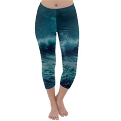 Waves Ocean Sea Tsunami Nautical Blue Sea Art Capri Winter Leggings  by uniart180623