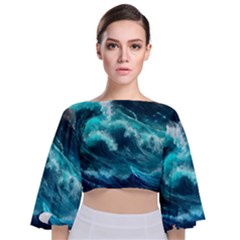 Thunderstorm Tsunami Tidal Wave Ocean Waves Sea Tie Back Butterfly Sleeve Chiffon Top by uniart180623