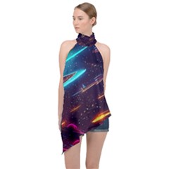 Night Sky Neon Spaceship Drawing Halter Asymmetric Satin Top by Ravend