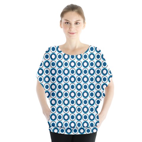 Mazipoodles Dusty Duck Egg Blue White Donuts Polka Dot Batwing Chiffon Blouse by Mazipoodles