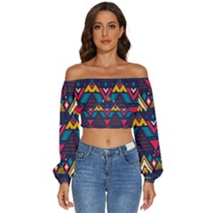 Pattern Colorful Aztec Long Sleeve Crinkled Weave Crop Top by Ravend