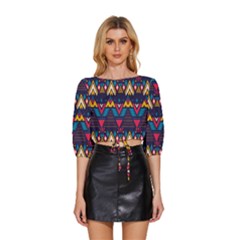 Pattern Colorful Aztec Mid Sleeve Drawstring Hem Top by Ravend