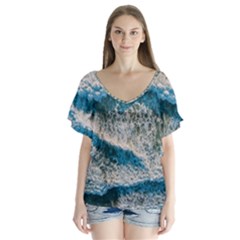 Waves Wave Nature Beach V-neck Flutter Sleeve Top by uniart180623