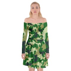 Green Military Background Camouflage Off Shoulder Skater Dress by uniart180623