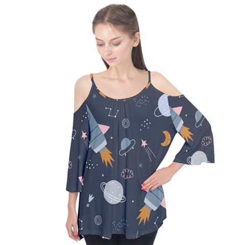 Space Background Illustration With Stars And Rocket Seamless Vector Pattern Flutter Sleeve Tee  by uniart180623