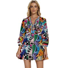 Cartoon Explosion Cartoon Characters Funny V-neck Placket Mini Dress by uniart180623