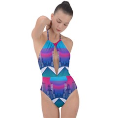 Retro Cityscape Artist Artwork Digital Art Plunge Cut Halter Swimsuit by uniart180623