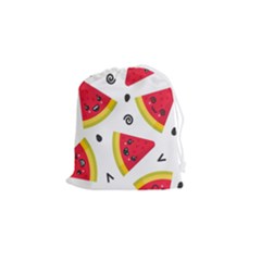 Cute Smiling Watermelon Seamless Pattern White Background Drawstring Pouch (small) by Simbadda