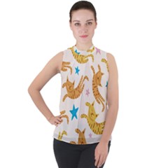 Cute Cats Seamless Pattern With Stars Funny Drawing Kittens Mock Neck Chiffon Sleeveless Top by Simbadda