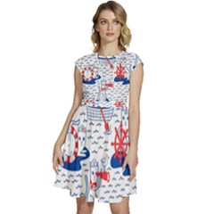 Nautical Cats Seamless Pattern Cap Sleeve High Waist Dress by Simbadda