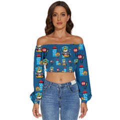 Racing-car-printing-set-cartoon-vector-pattern Long Sleeve Crinkled Weave Crop Top by Simbadda
