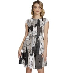 Cute Cat Hand Drawn Cartoon Style Cap Sleeve High Waist Dress by Simbadda
