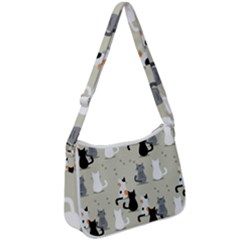 Cute Cat Seamless Pattern Zip Up Shoulder Bag by Simbadda