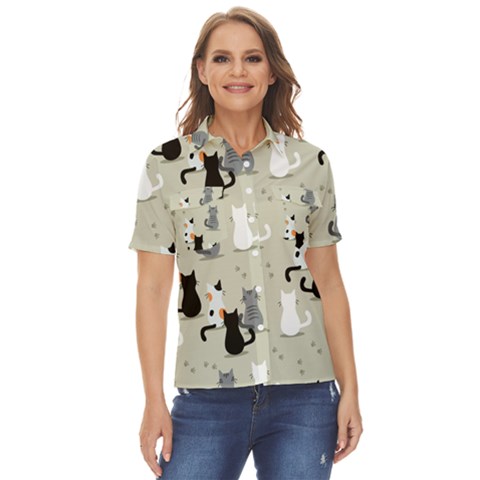 Cute Cat Seamless Pattern Women s Short Sleeve Double Pocket Shirt by Simbadda