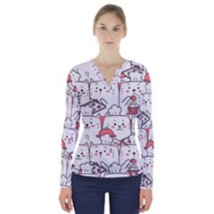 Cute-cat-chef-cooking-seamless-pattern-cartoon V-neck Long Sleeve Top by Simbadda