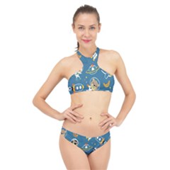 Seamless-pattern-funny-astronaut-outer-space-transportation High Neck Bikini Set by Simbadda