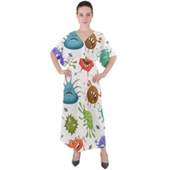 Dangerous-streptococcus-lactobacillus-staphylococcus-others-microbes-cartoon-style-vector-seamless-p V-neck Boho Style Maxi Dress by Simbadda