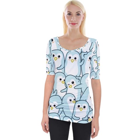 Penguins-pattern Wide Neckline Tee by Simbadda