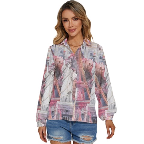 Vintage Landmarks Travel Women s Long Sleeve Button Up Shirt by Proyonanggan
