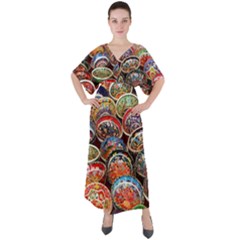 Art Background Bowl Ceramic Color V-neck Boho Style Maxi Dress by Proyonanggan