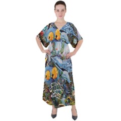 Colorful Aquatic Life Wall Mural V-neck Boho Style Maxi Dress by Proyonanggan