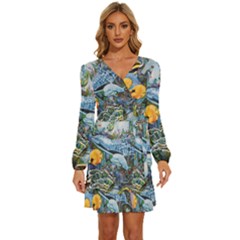 Colorful Aquatic Life Wall Mural Long Sleeve Waist Tie Ruffle Velvet Dress by Proyonanggan