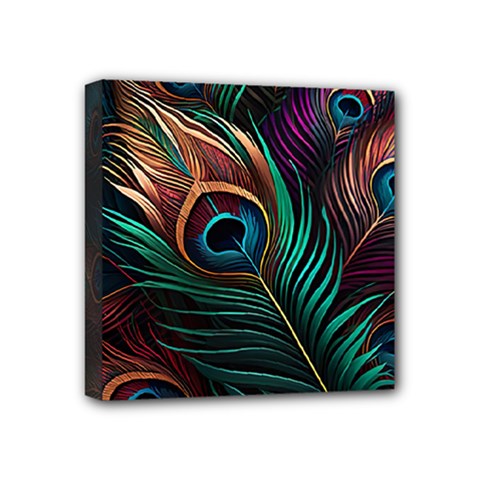 Peacock Feathers Nature Feather Pattern Mini Canvas 4  X 4  (stretched) by pakminggu