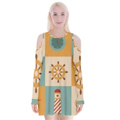 Nautical Elements Collection Velvet Long Sleeve Shoulder Cutout Dress by Bangk1t