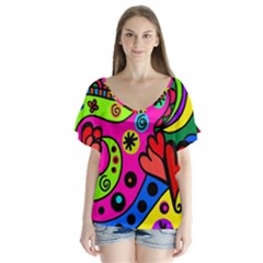 Seamless Doodle V-neck Flutter Sleeve Top by Bangk1t