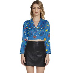 Space Rocket Solar System Pattern Long Sleeve Tie Back Satin Wrap Top by Bangk1t
