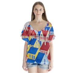 City Houses Cute Drawing Landscape Village V-neck Flutter Sleeve Top by Bangk1t